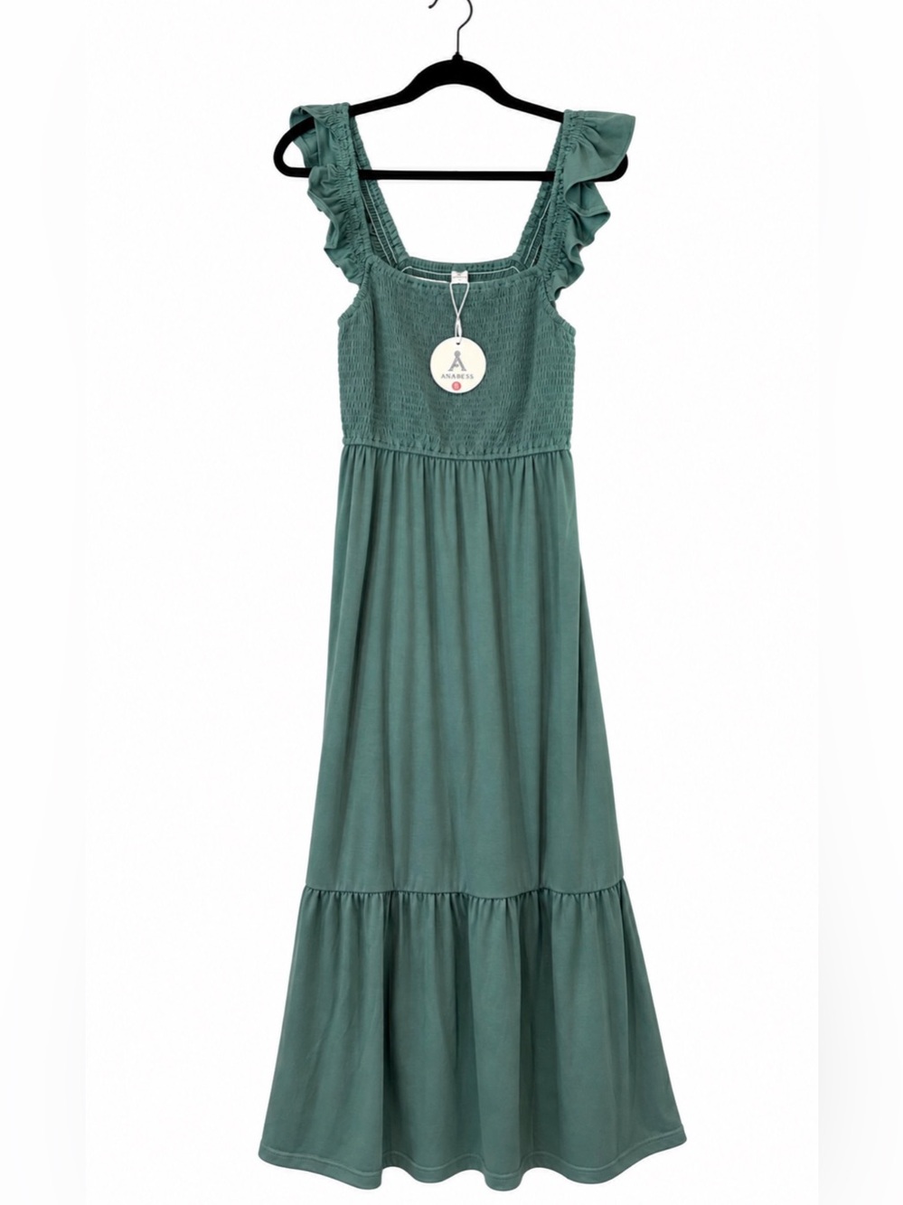 Smocked Bodice Ruffle Strap Maxi Dress in Green. Pockets! Soft!